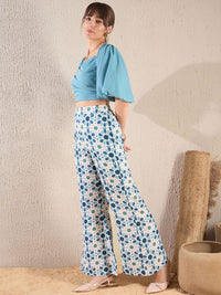 SASSAFRAS Teal Blue Puff Sleeves V-Neck Crop Top & Trouser