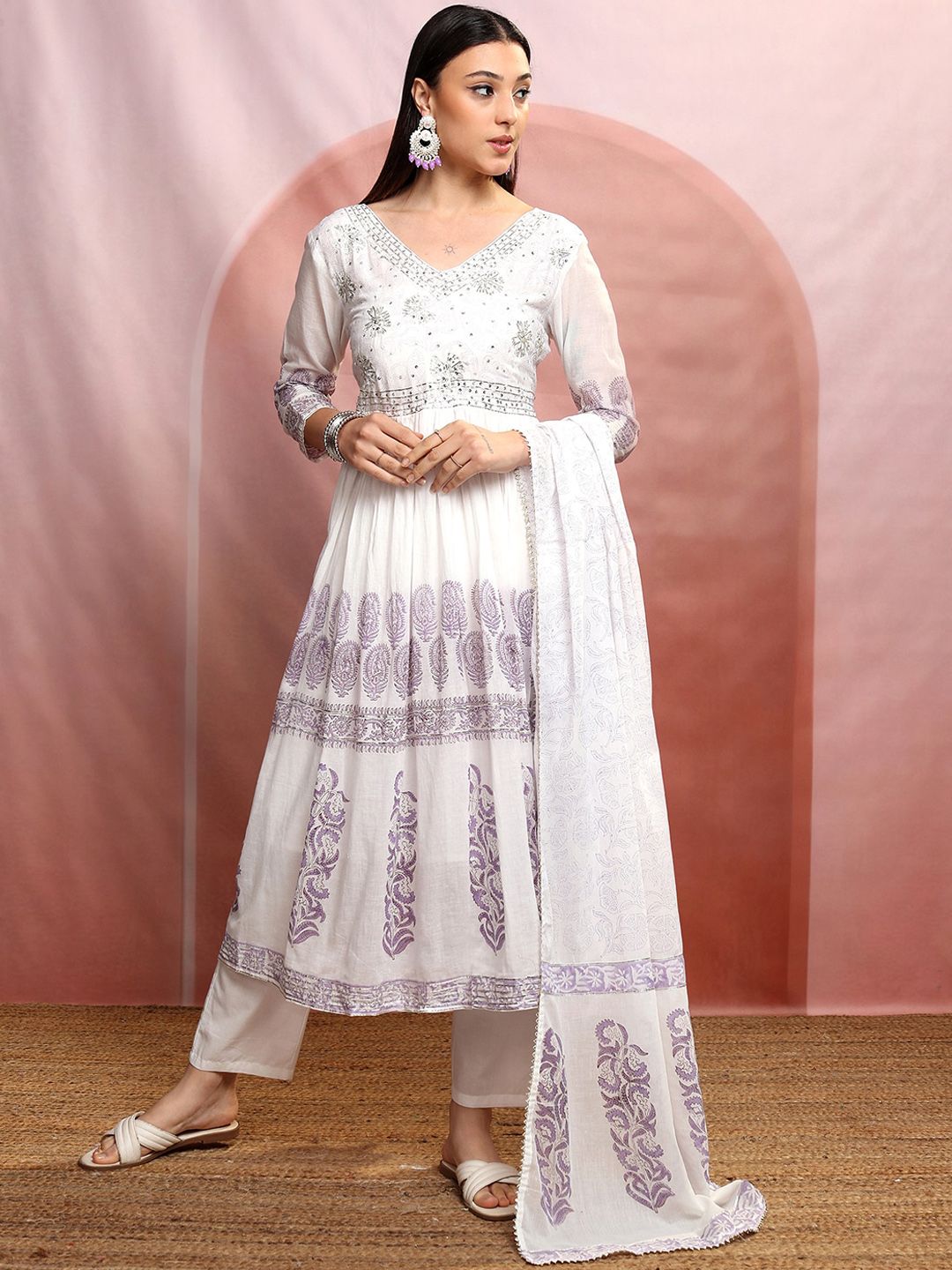 Vishudh Ethnic Motifs Embroidered Pure Cotton Anarkali Kurta & Trousers With Dupatta