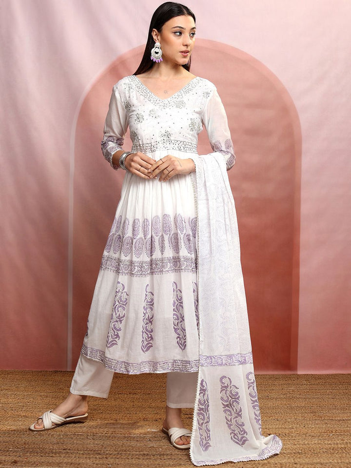 Vishudh Ethnic Motifs Embroidered Pure Cotton Anarkali Kurta & Trousers With Dupatta