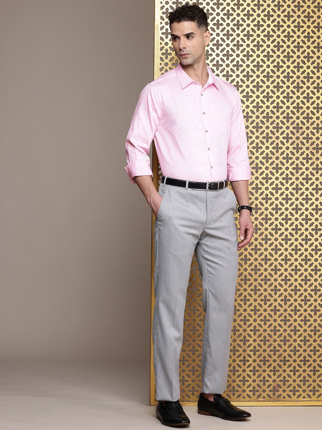 House of Pataudi Floral Embroidered Pure Cotton Party Jashn Shirt