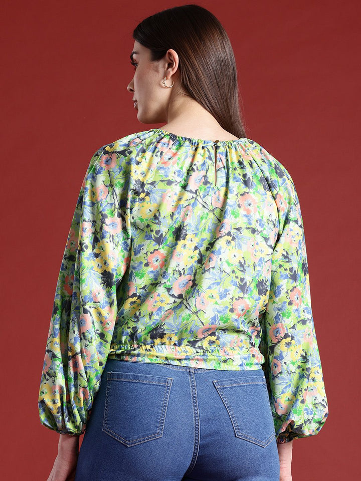 all about you Floral Print Cinched Waist Raglan Puffed Sleeves Top
