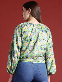 all about you Floral Print Cinched Waist Raglan Puffed Sleeves Top