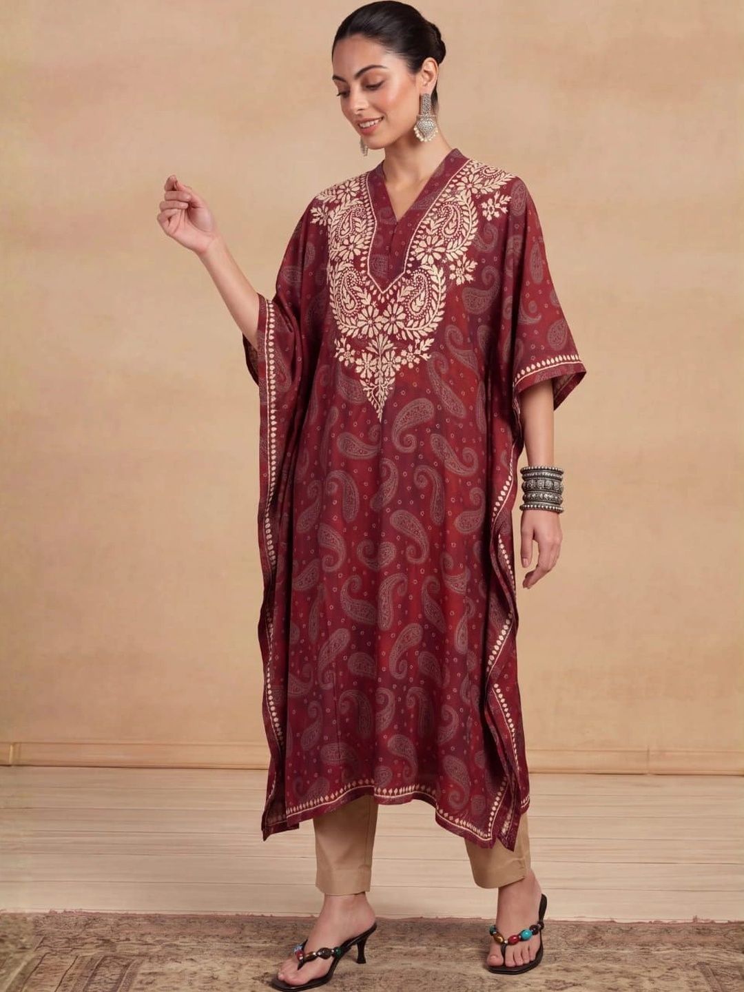 House of Chikankari Women Paisley Printed Thread Work Crepe Kaftan Kurta