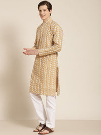 SOJANYA Lelaki Motif Etnik Emas & Putih Sulam Kurta