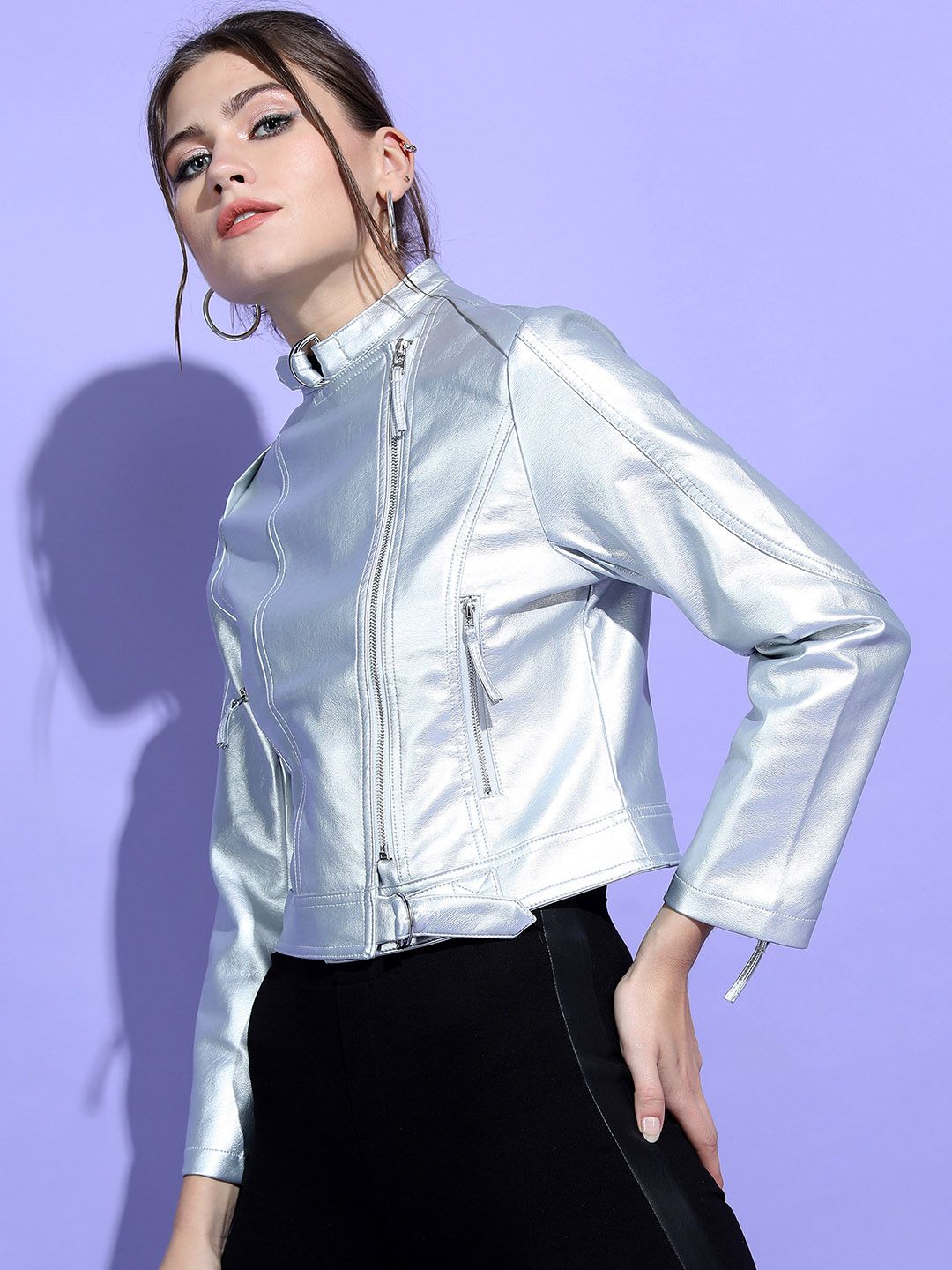 Tokyo Talkies Women Silver Crop Biker Jacket