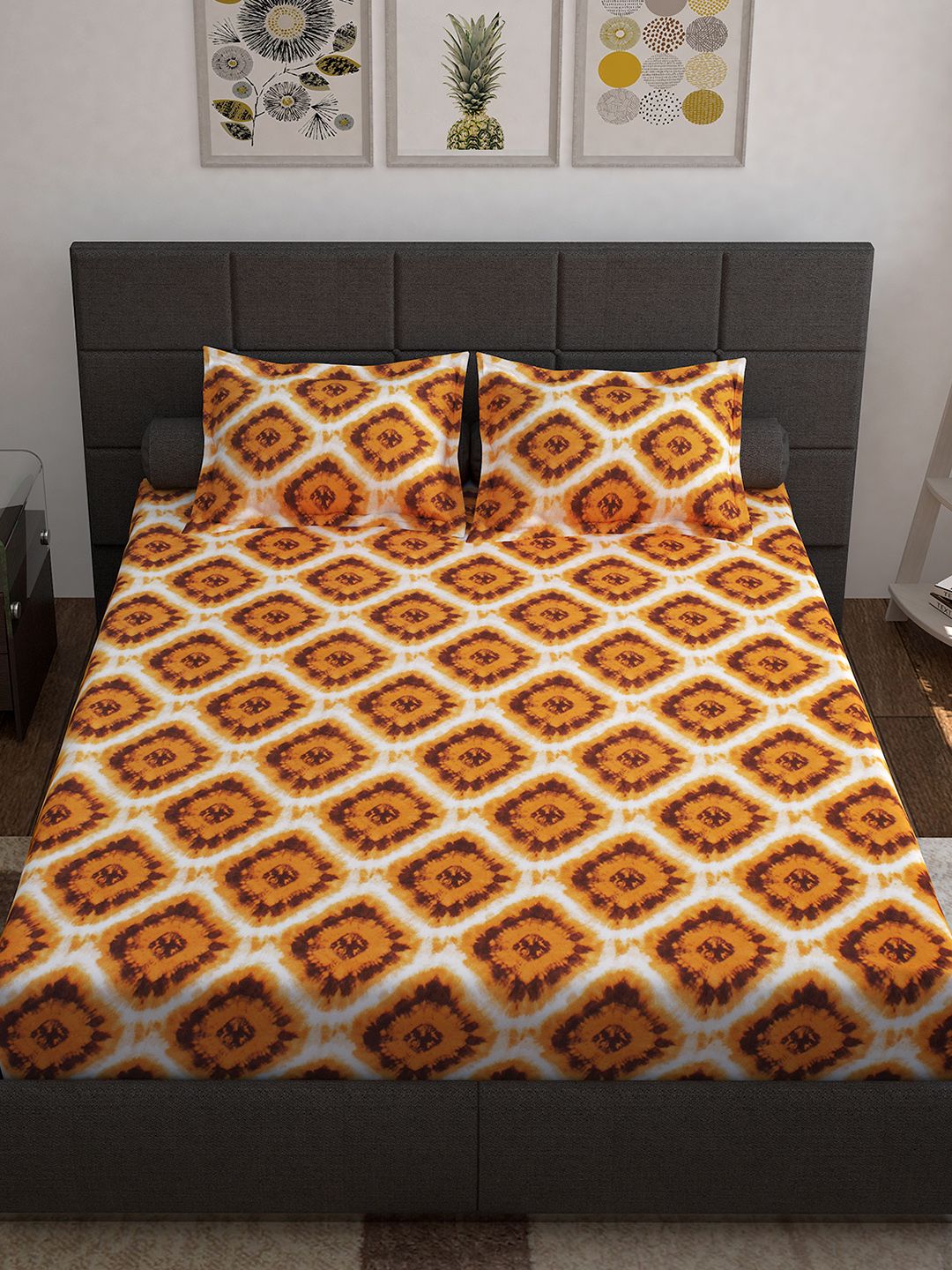 Story@home Unisex Yellow Geometric Cotton 144 TC 1 King Size Bedsheet with 2 Pillow Covers