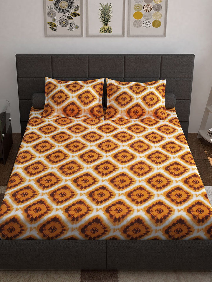 Story@home Unisex Yellow Geometric Cotton 144 TC 1 King Size Bedsheet with 2 Pillow Covers