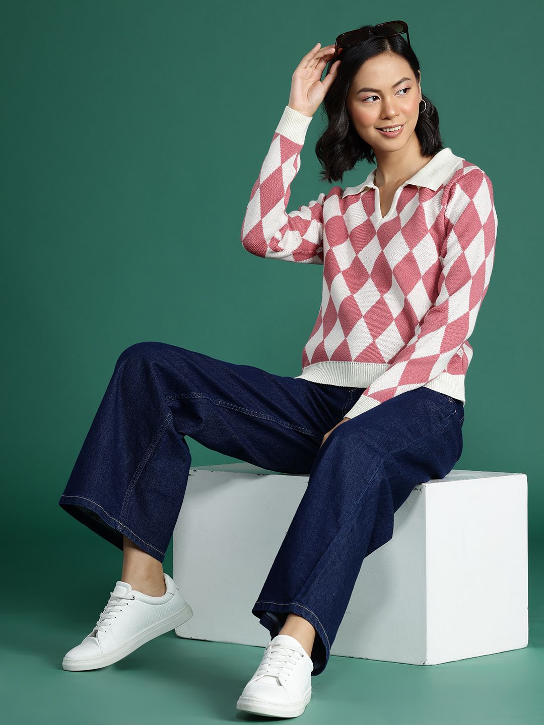 DressBerry Checked Spread Collar Pullover