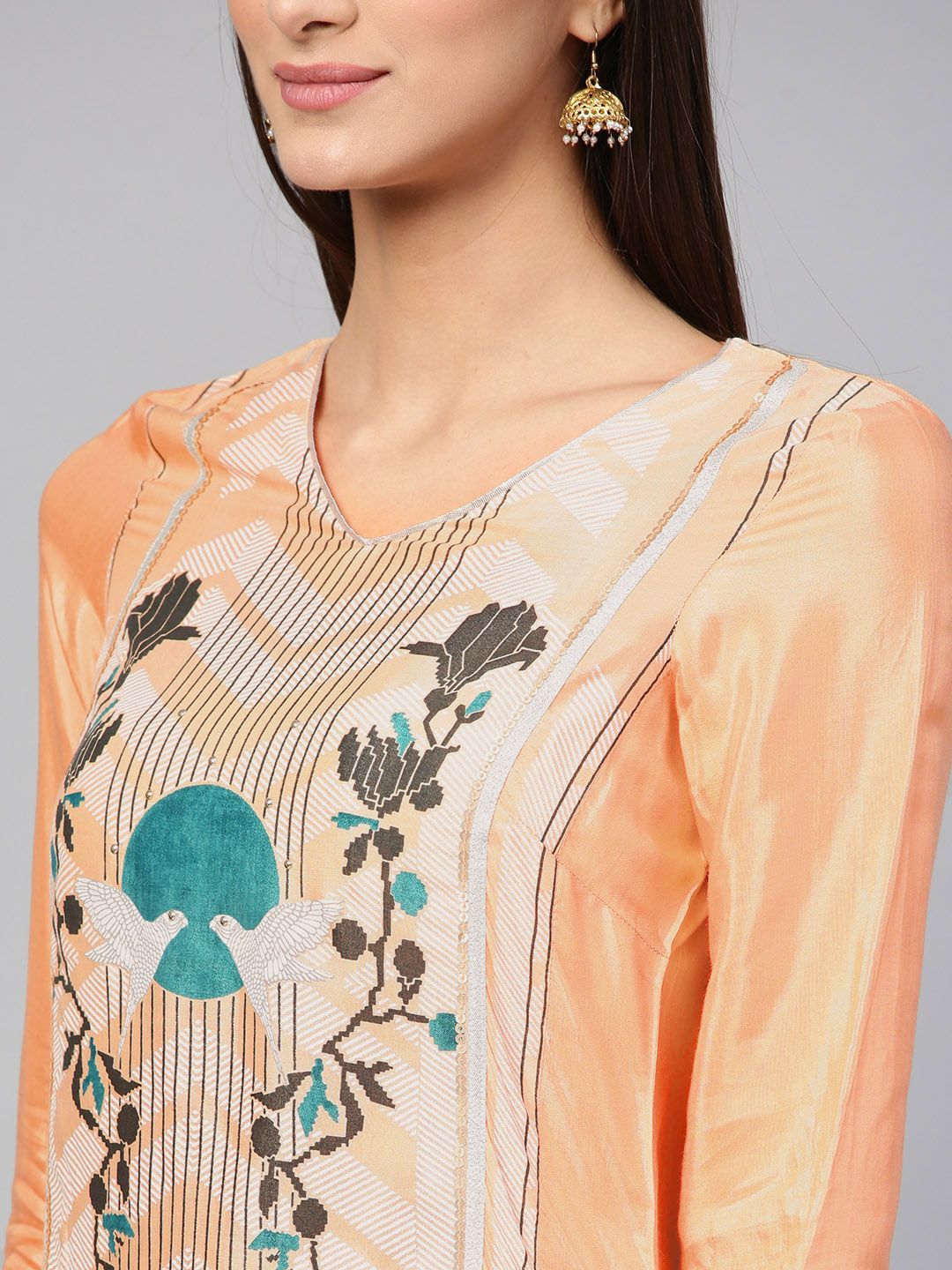 W Women Peach-Coloured Floral Print Straight Kurta