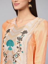 W Women Peach-Coloured Floral Print Straight Kurta