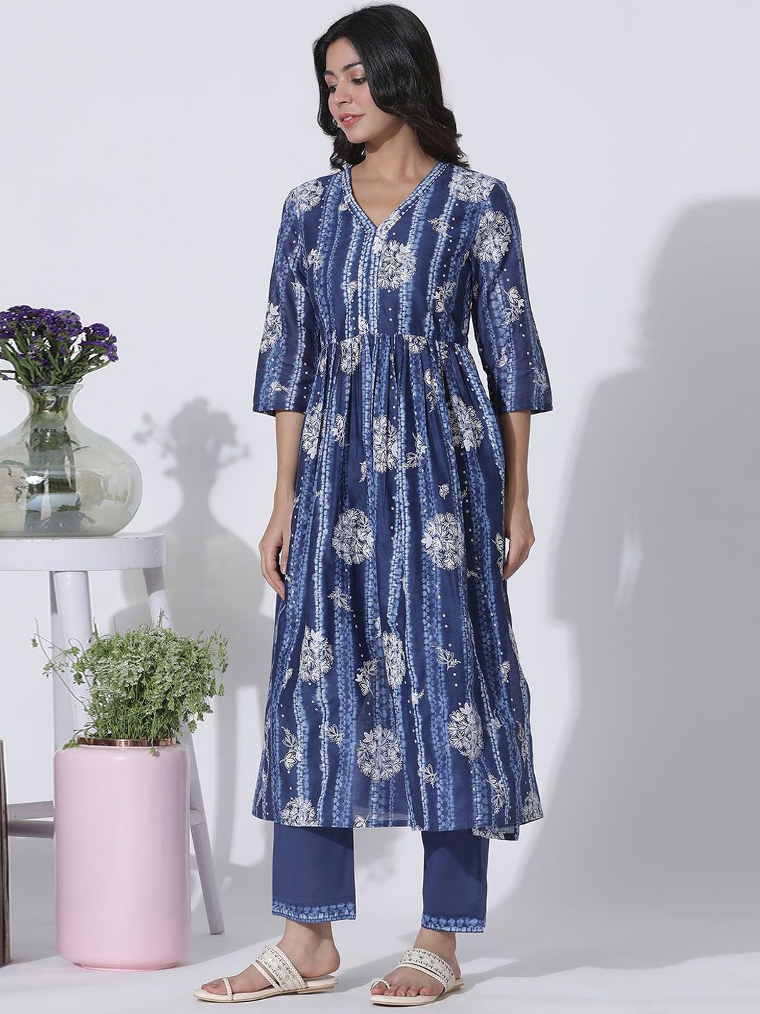 W Floral Printed Thread Work Pure Cotton Anarkali Kurta with Trousers
