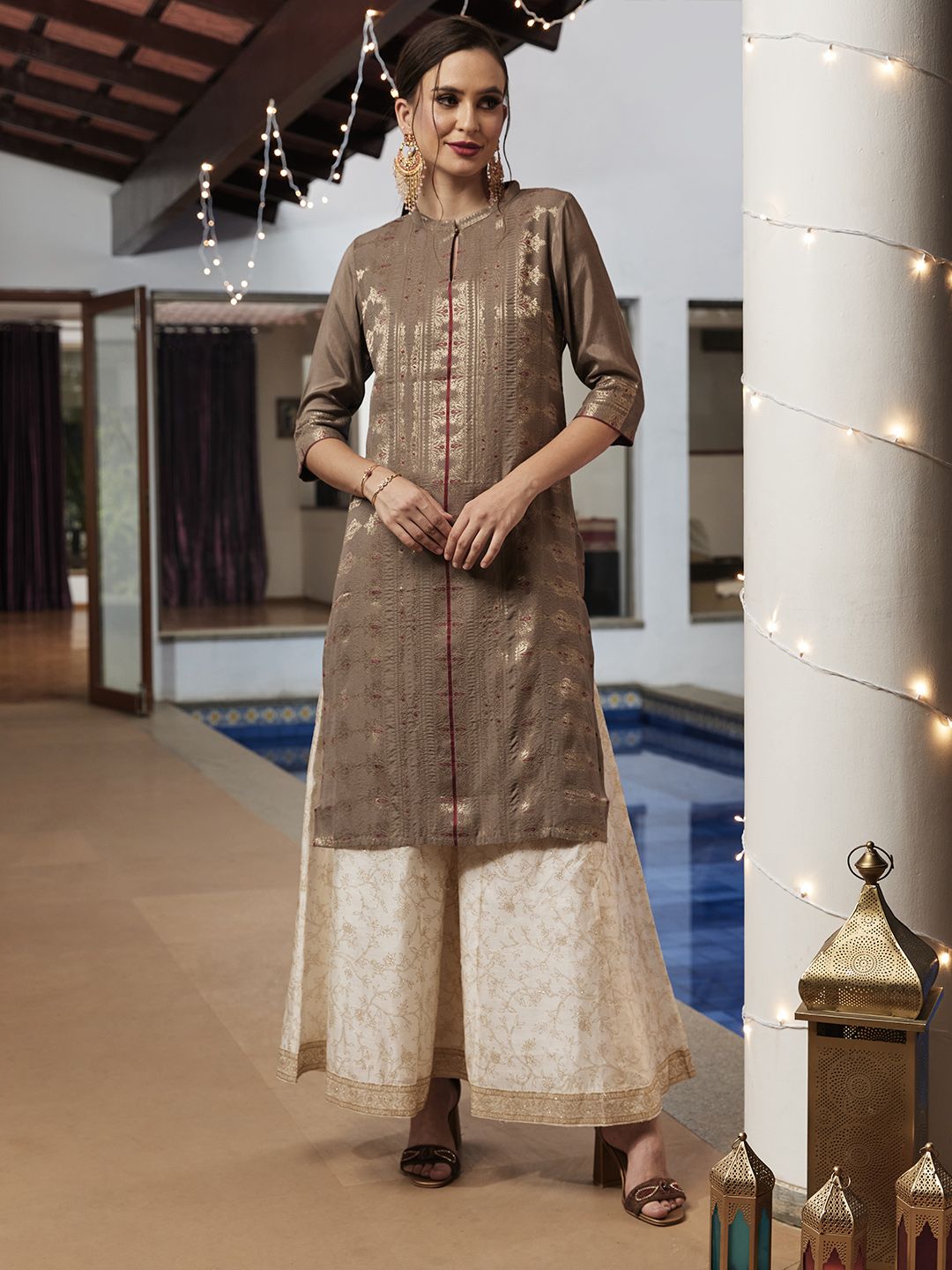 W Women Taupe & Golden Zari Woven Design Straight Kurta