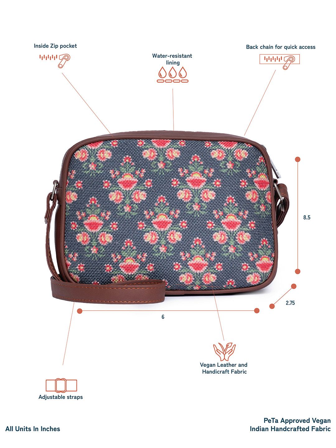 ZOUK Navy Blue Floral Printed Structured Sling Bag with Tasselled