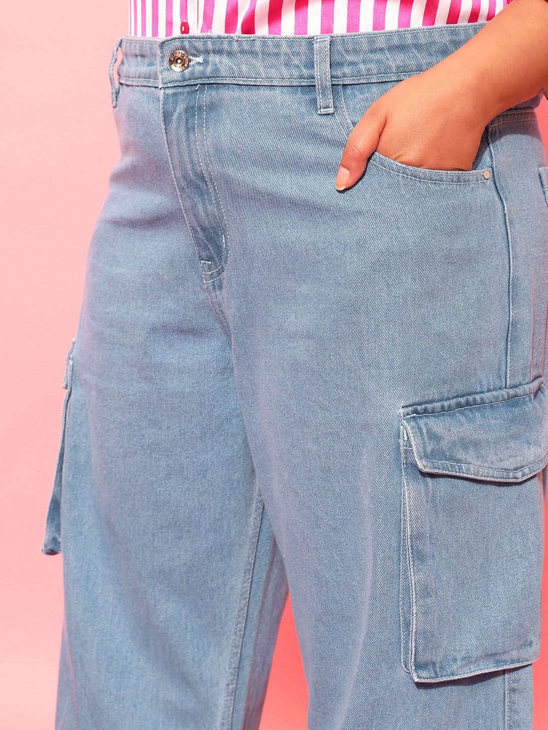 CURVY STREET Women Plus Size Blue Jean Wide Leg Pure Cotton Cargo Jeans