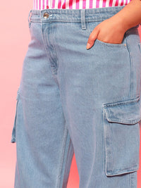 CURVY STREET Women Plus Size Blue Jean Wide Leg Pure Cotton Cargo Jeans