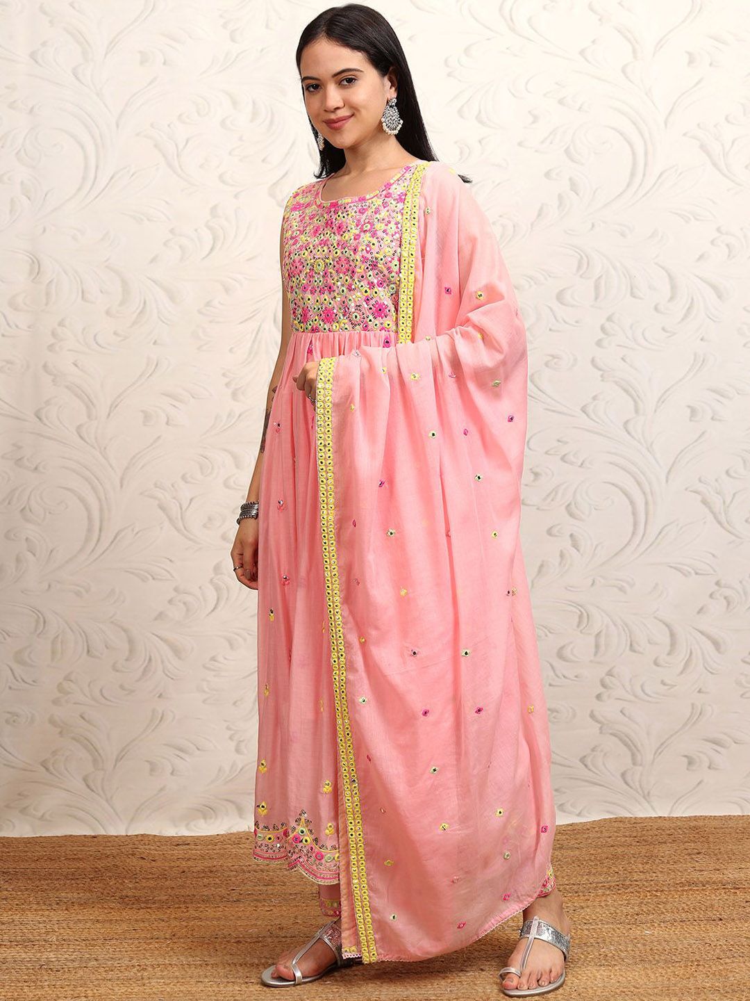 Vishudh Pink Embroidered Thread Work Pure Cotton Anarkali Kurta With Trousers & Dupatta