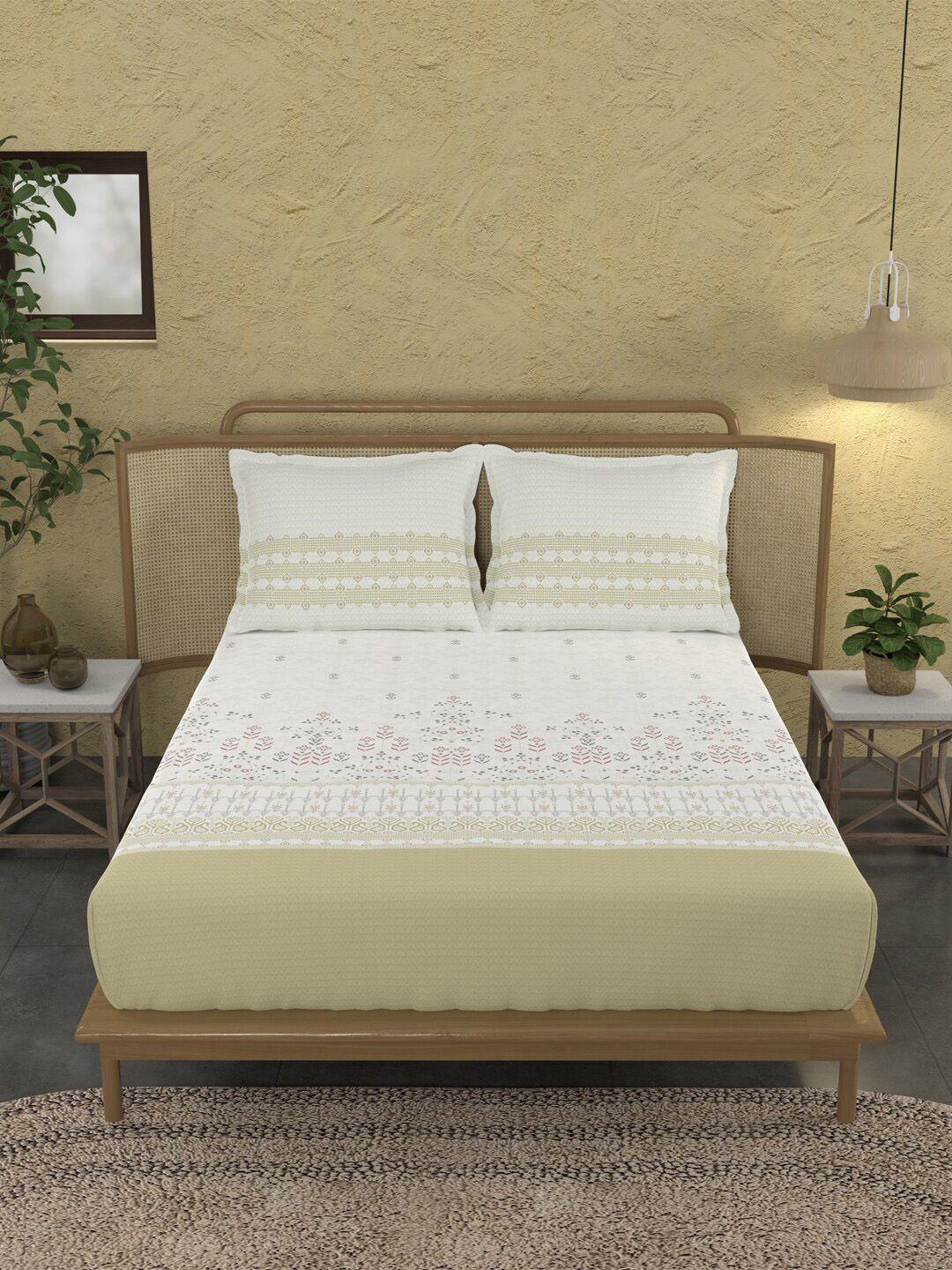 MYTRIDENT Jamdani Green Sanskriti Flat 144TC King Cotton Bedsheet Set