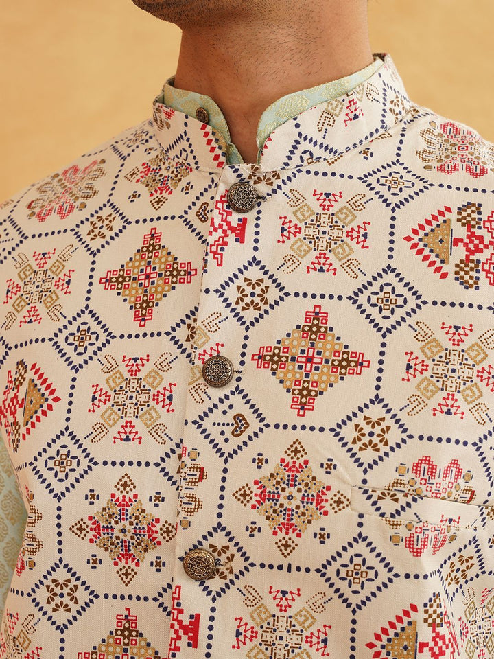 SOJANYA Motif Etnik Reka bentuk tenunan Kurta Kolar Mandarin Dengan Jaket Churidar Dan Nehru