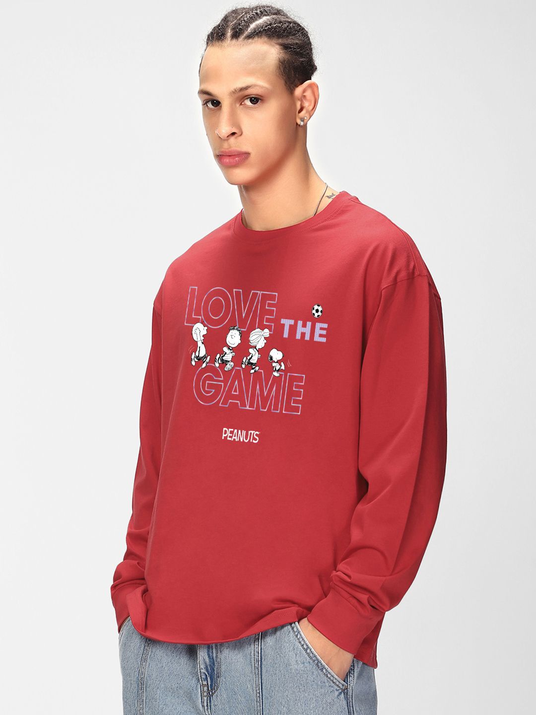 Bewakoof Men Typography Printed Round Neck Pure Cotton Oversized Peanuts T-shirt