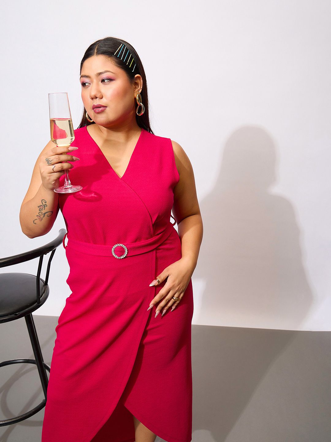 SASSAFRAS Curve Plus Size V-Neck Sleeveless Midi Wrap Dress With Belt