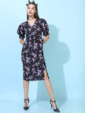 Tokyo Talkies Black & Violet Floral A-Line Midi Dress
