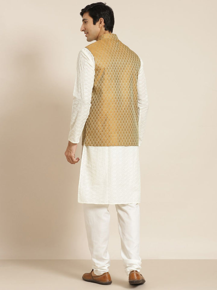 SOJANYA Men Cream-Coloured Chikankari Pure Cotton Kurta with Churidar & Nehru Jacket