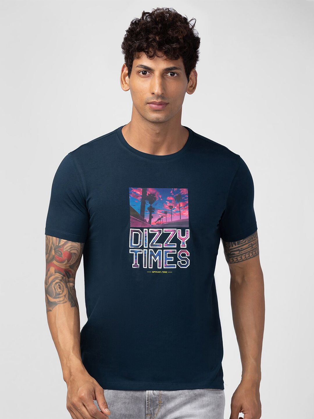 SPYKAR Men Typography Printed Slim Fit Cotton T-shirt