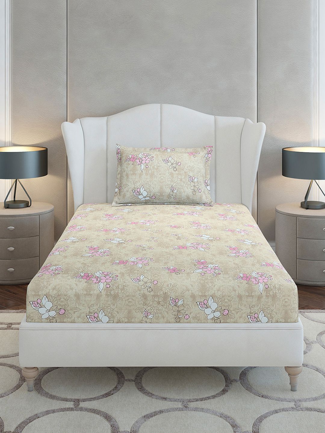 Monte Carlo Beige & White Floral Printed Cotton 104 TC Single Bedsheet Set2.24 m x 1.52 m