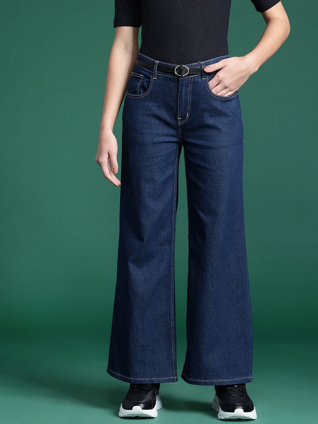 DressBerry Women Stretchable Wide Leg Jeans with Belt