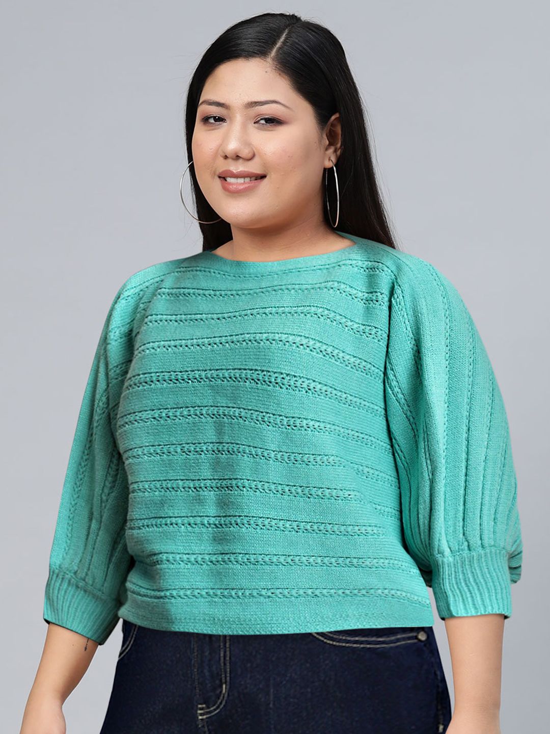 Tokyo Talkies Teal Blue Self Design Acrylic Pullover Sweater