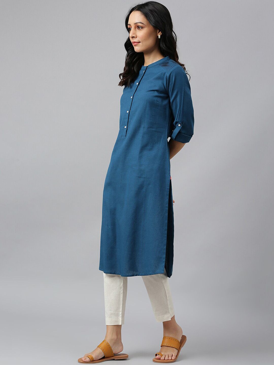 W Blue Mandarin Collar Roll-Up Sleeves Pathani Kurta