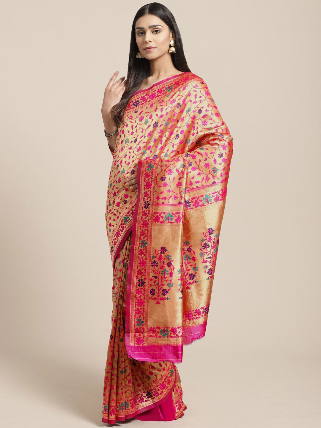 Saree mall Golden & Pink Woven Design Banarasi Saree