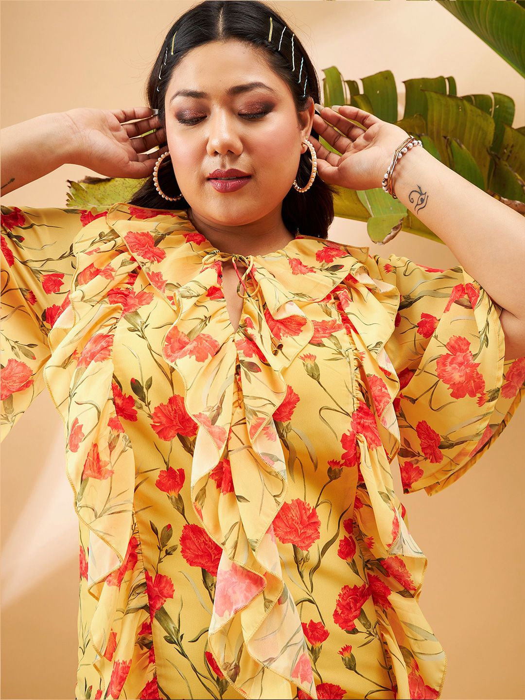 SASSAFRAS Curve Floral Printed Tie-Up Neck Ruffles Top