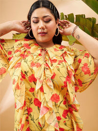SASSAFRAS Curve Floral Printed Tie-Up Neck Ruffles Top