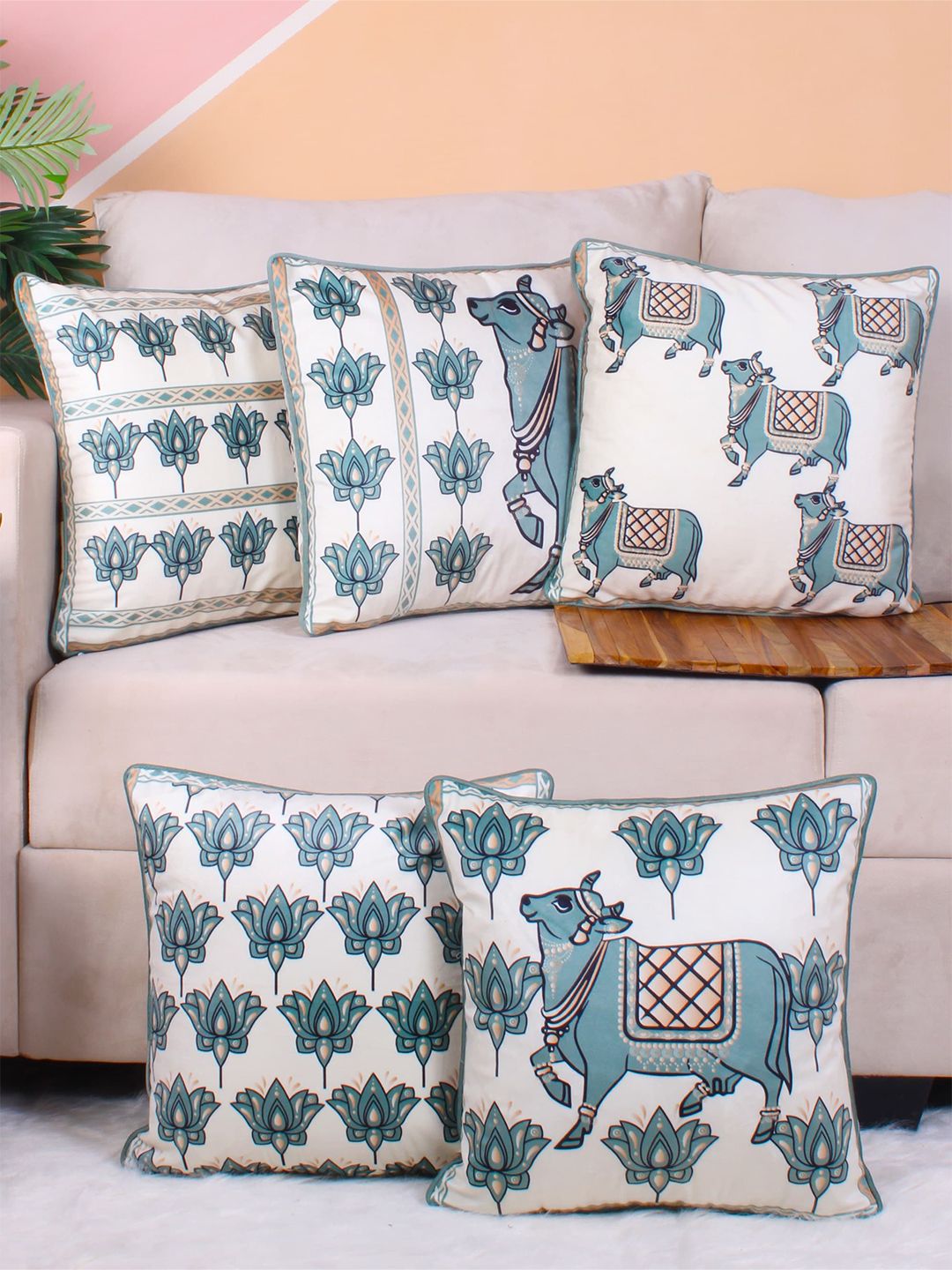 STITCHNEST Green & White 5 Pieces Ethnic Motifs Printed Velvet Square Cushion Covers