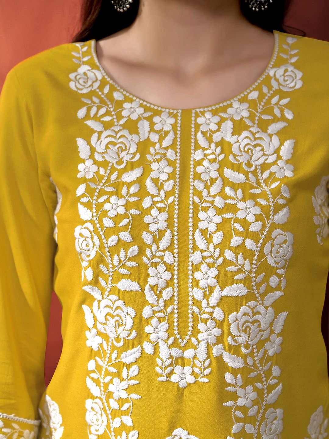 Anouk Yellow Floral Embroidered Round Neck Straight Kurta