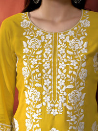 Anouk Yellow Floral Embroidered Round Neck Straight Kurta