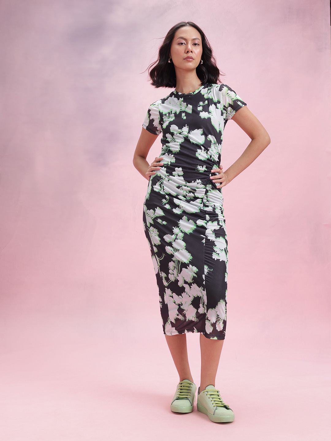 DressBerry Floral Print Ruched Mesh Bodycon Midi Dress