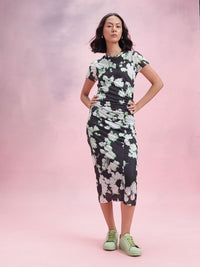 DressBerry Floral Print Ruched Mesh Bodycon Midi Dress