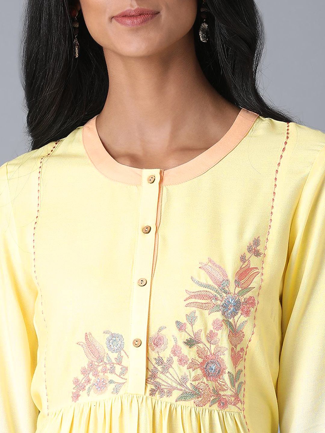 W Women Yellow & White Yoke Design Straight Kurta