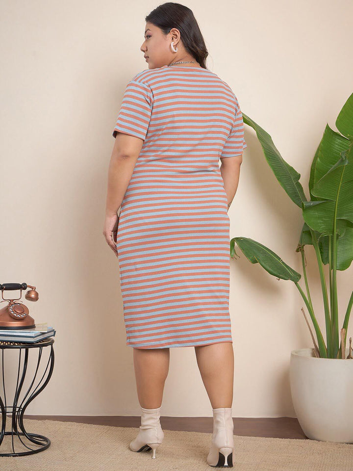 CURVY STREET Maroon Plus Size Striped Midi T-shirt Dress