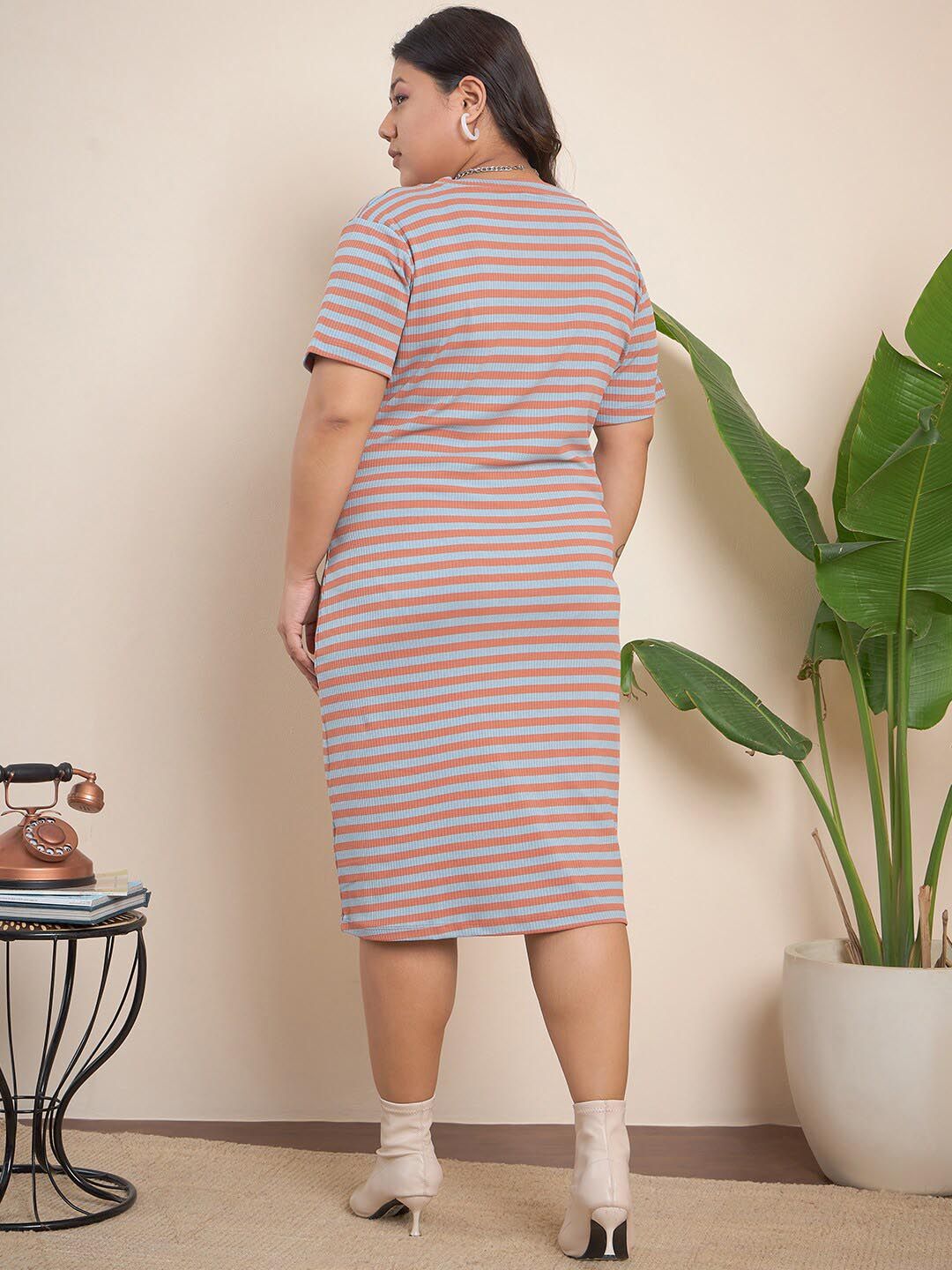 CURVY STREET Maroon Plus Size Striped Midi T-shirt Dress