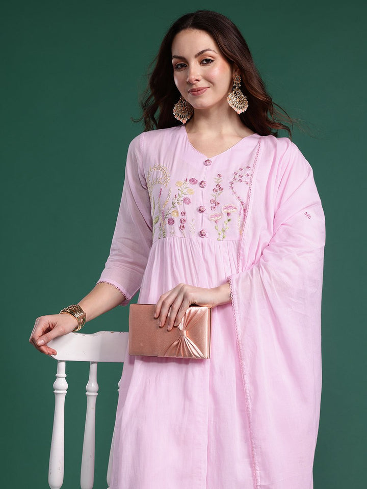 Indo Era Ethnic Motifs Embroidered Pure Cotton Kurta with Trousers & Dupatta