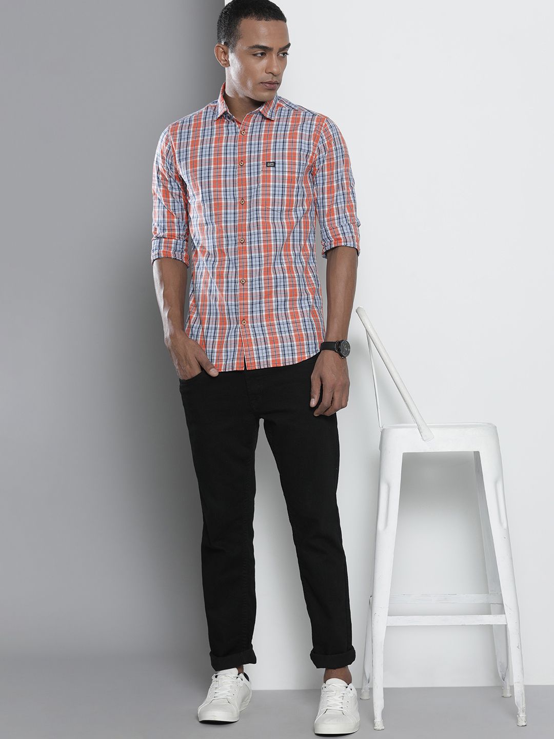 The Indian Garage Co Men Blue Tartan Regular Checks Opaque Checked Casual Shirt