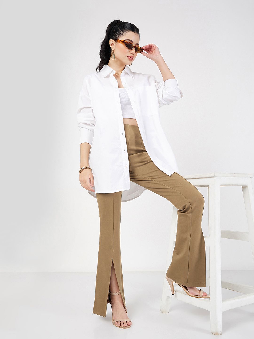 SASSAFRAS Women Beige Slim Fit Bootcut Trousers