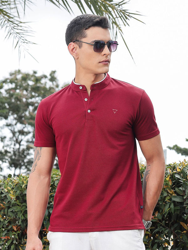 Thomas Scott Men Solid Mandarin Collar Knitted T-Shirt