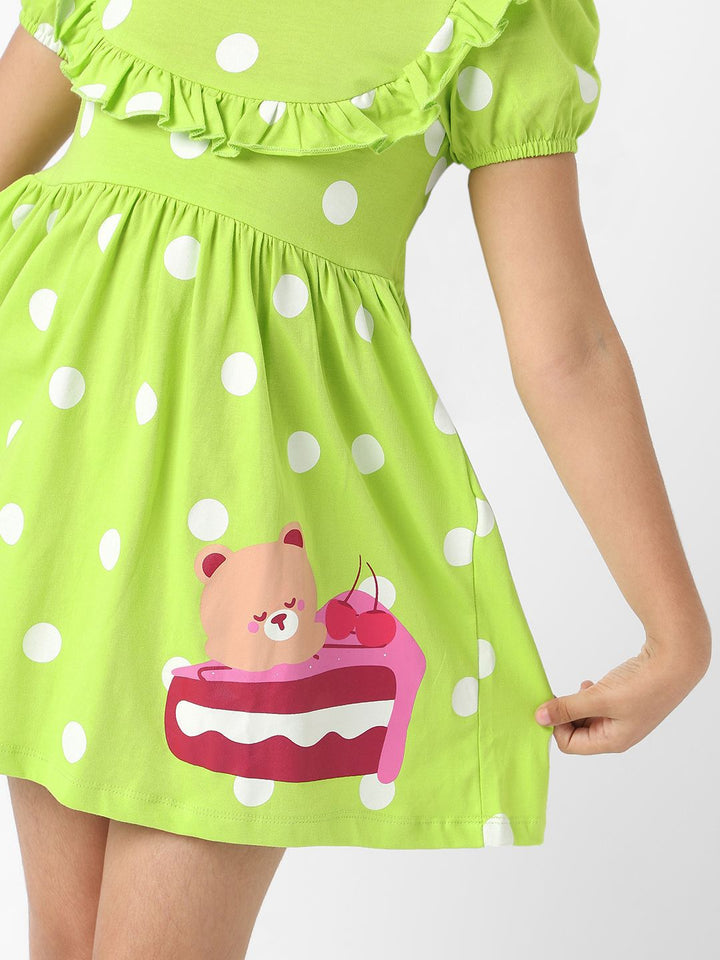 Nauti Nati Girls Green Jersey Cotton Polka Dot Fit and Flare Dress