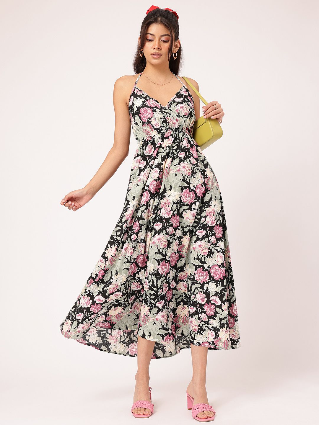 DressBerry Floral Finesse Halter Neck A-Line Midi Dress