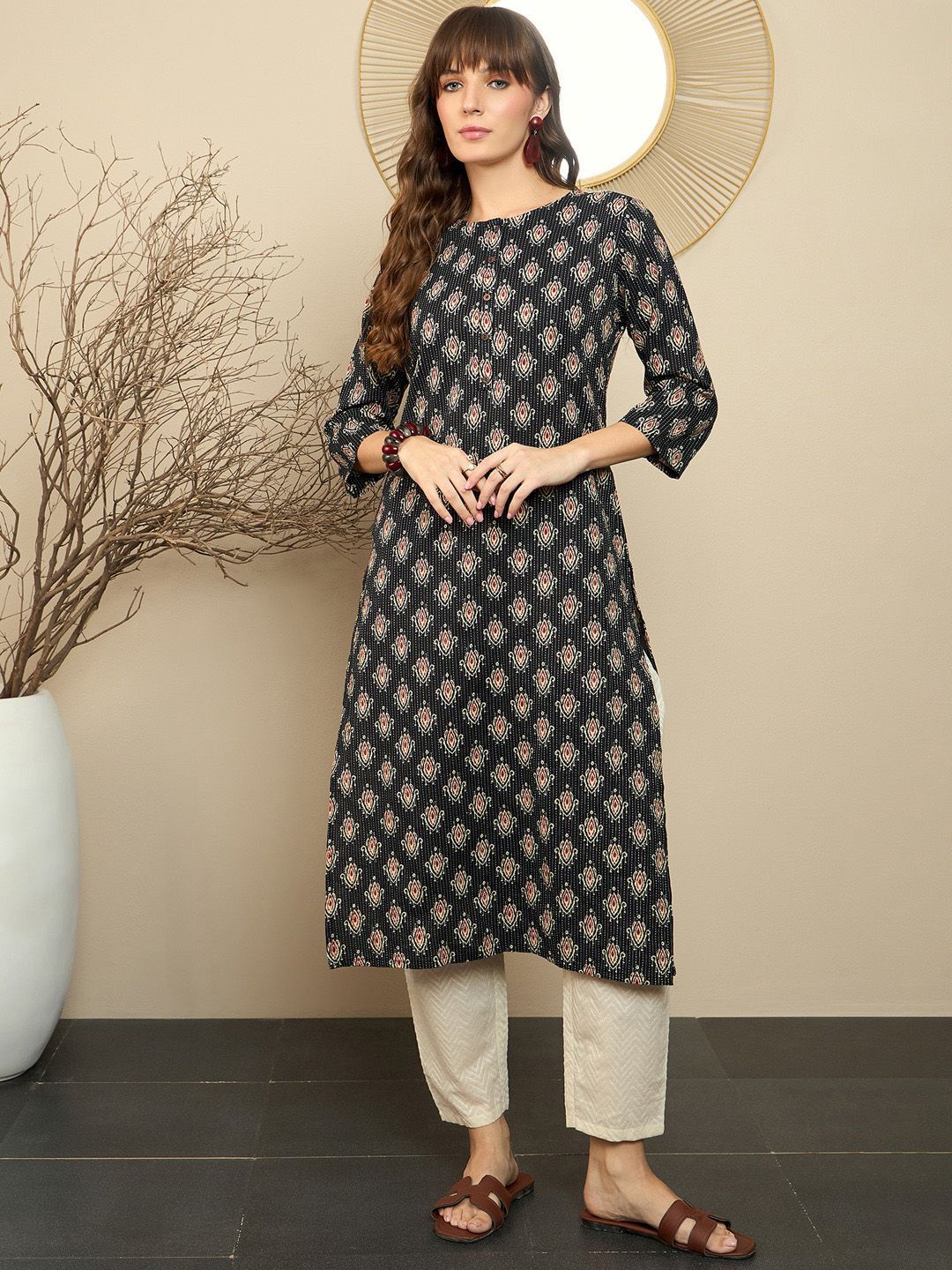 Indo Era Black Ethnic Motifs Printed Pure Cotton Straight Kurta