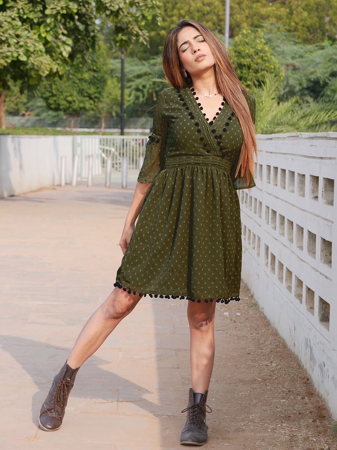 STREET 9 Olive Green Textured Embroidered Chiffon Wrap Dress with flared sheer Sleeves